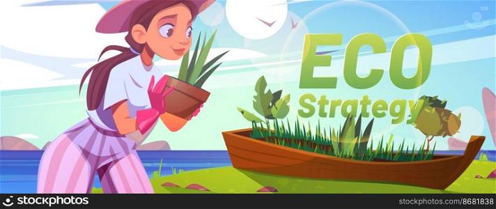 Eco strategy cartoon banner, woman volunteer planting trees in old wooden boat on sea beach. Forest restoration, reforestation, care of plants, save nature, environment protection Vector Illustration. Eco strategy cartoon banner, woman planting trees