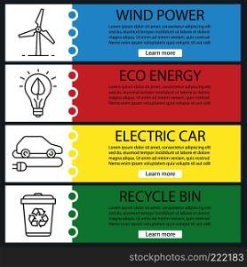 Eco technologies banner templates set. Easy to edit. Wind energy, eco concept, electric car, recycle service. Website menu items with linear icons. Color web banner. Vector headers design concepts. Eco technologies banner templates set