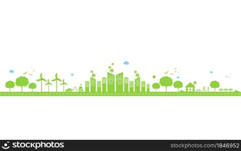 Eco technology or environmental concept modern green city and plant leaf growing inside. Eco-friendly urban lifestyle with icons over the network connection. vector design.