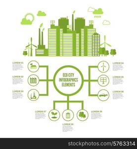 Eco town infographic set with green ecosystem elements and arrows vector illustration. Eco Town Infographic