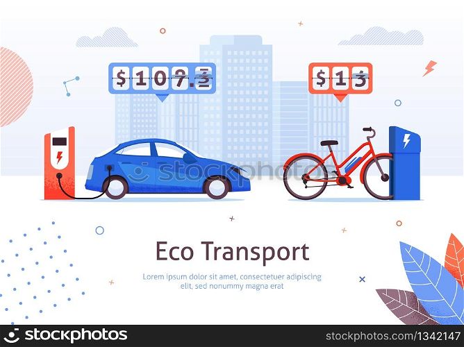Eco Transport. Electric Car and E-bike Charging Station Vector Illustration. Low Recharge Battery Price. Green Ecological Vehicle. Alternative Transport. Money Economy Savings. Environment Protection. Eco Transport Electric Car and E-bike Charging
