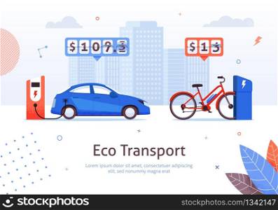 Eco Transport. Electric Car and E-bike Charging Station Vector Illustration. Low Recharge Battery Price. Green Ecological Vehicle. Alternative Transport. Money Economy Savings. Environment Protection. Eco Transport Electric Car and E-bike Charging