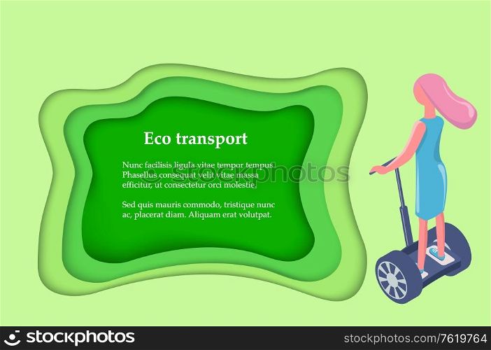 Eco transport, girl riding on gyro scooter, back view. Vector cartoon character on segway with handle, gyroboard modern eco transport, electric board. Eco Transport, Girl Ride on Gyro Scooter Back View