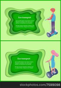 Eco transport, man and woman balancing on transport, modern electronic equipment with wheels, back view of people in casual clothes, technology vector. People Stanging on Segway, Eco Transport Vector