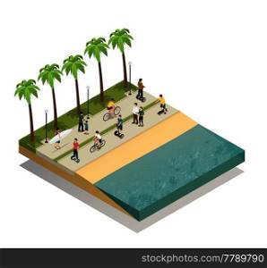 Eco transport on south beach design concept with people moving along waterfront by skateboard segway and bicycle isometric vector illustration. Eco Transport On South Beach