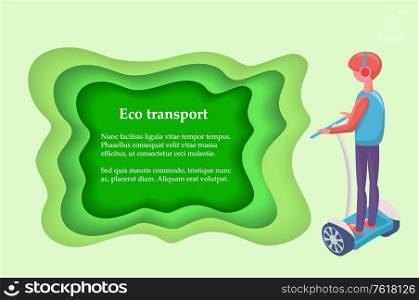 Eco transport, person balancing on segway, back view of driver character wearing casual clothes and headphones standing on wheels, technology vector. Driver on Segway, Eco Transport, Wheels Vector