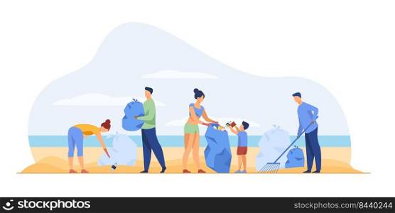 Eco volunteers cleaning sea or ocean beach from garbage. People, family with child collecting trash and sorting waste outdoors. Vector illustration for ecology, planet, nature