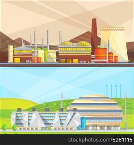 Eco Waste Industry 2 Flat Banners . Eco clean industry converting waste to energy and using wind power 2 flat isolated banners vector illustration