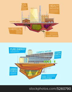 Eco Waste Industry Advantage Flat Banners . Eco friendly industry waste to energy system versus dangerous toxic pollution release 2 flat banners isolated vector illustration