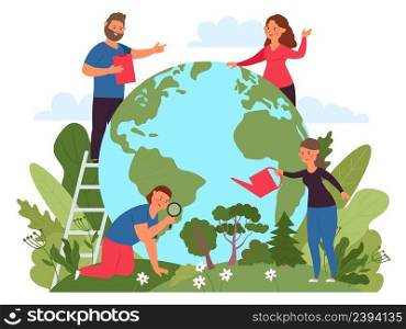 Eco world concept. People care earth, environment and nature. Protect and love natural life. Woman and man support green forest, decent vector scene. Illustration save environmental earth. Eco world concept. People care earth, environment and nature. Protect and love natural life. Woman and man support green forest, decent vector scene