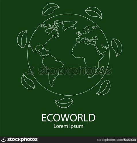 Eco world logo template. Line style icon of earth with leaves. Unique global and natural, organic logotype. Clean and modern vector illustration for design, web.