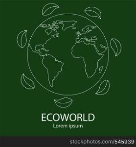 Eco world logo template. Line style icon of earth with leaves. Unique global and natural, organic logotype. Clean and modern vector illustration for design, web.