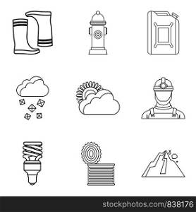 Ecocatastrophe icons set. Outline set of 9 ecocatastrophe vector icons for web isolated on white background. Ecocatastrophe icons set, outline style