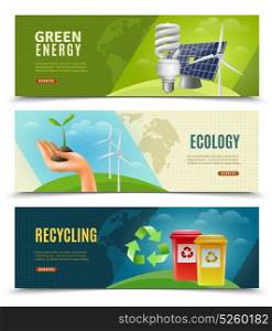 Ecological 3 Horizontal Banner Set. Ecology environment and ecosystem 3 horizontal banners set with green energy sources and recycling isolated vector illustration