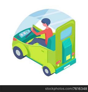 Ecological advancement vector, person driving etransport isolated man in car. Ecologically friendly vehicle with glass and clear design, green automobile. Eco Transport, Man Driving Ecologically Clean Car