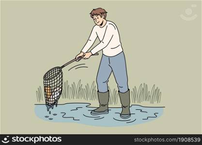 Ecological care and environment concept. Young smiling man cartoon character standing with net collecting trash garbage from water alone vector illustration . Ecological care and environment concept.
