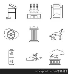 Ecological catastrophy icons set. Outline set of 9 ecological catastrophy vector icons for web isolated on white background. Ecological catastrophy icons set, outline style