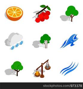 Ecological city icons set. Isometric set of 9 ecological city vector icons for web isolated on white background. Ecological city icons set, isometric style