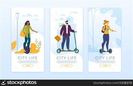 Ecological City Life. Mobile Pages Set Design for Social Network. Phone Application for Order, Rent Quick Speed Ecological Transport. Man and Woman Riding Electric Scooter, Hoverboard, Monocycle. City Life Design Social Network Mobile Pages Set