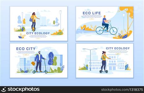 Ecological City. Smart Dwellers Riding Eco-Friendly Transport. Men Women on Unicycle, Self-Balanced Hoverboard, Electric Scooter, Bicycle. Modern and Futuristic Transportation Way. Webpage Banner Set. City Dwellers Riding Eco Transport Banner Set