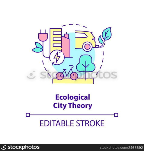 Ecological city theory concept icon. Sustainability in urban planning abstract idea thin line illustration. Ecocity. Isolated outline drawing. Editable stroke. Arial, Myriad Pro-Bold fonts used. Ecological city theory concept icon