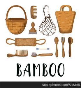 Ecological concept - bamboo bags, cutlery, toothbrush, comb, lettering. Ecological problem of plastic trash, pollution. Reusable eco friendly materials - bamboo, wood. Vector flat image.. NatureEcologyPollution