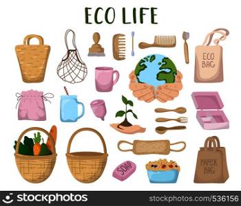 Ecological concept - eco bags, cups, stuff, lettering. Ecological problem of plastic trash and pollution. Reusable eco friendly materials - bamboo, textile, wood. Environmental Protection. Vector flat image.. NatureEcologyPollution