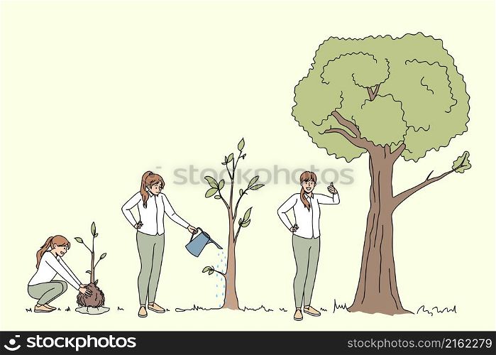 Ecological conversation and ecosystem concept. Young positive women planting watering and growing trees showing thumbs up sign vector illustration . Ecological conversation and ecosystem concept