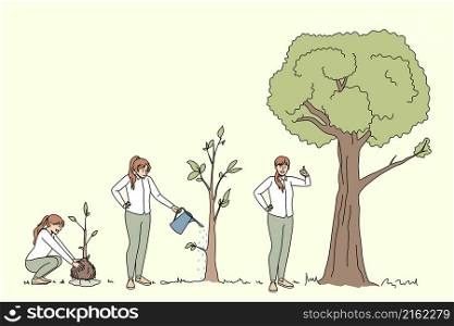 Ecological conversation and ecosystem concept. Young positive women planting watering and growing trees showing thumbs up sign vector illustration . Ecological conversation and ecosystem concept
