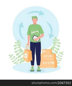 Ecological delivery service flat concept vector illustration. Professional courier in green uniform isolated 2D cartoon character on white for web design. Order shipment creative idea. Ecological delivery service flat concept vector illustration