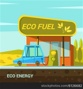 Ecological energy cartoon. Ecological energy cartoon poster with eco fuel station retro style vector illustration