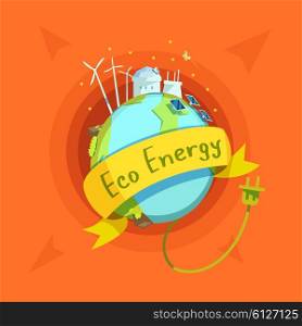 Ecological energy cartoon retro. Ecological energy retro cartoon with globe and eco power stations on it vector illustration