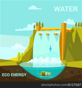 Ecological energy poster. Ecological energy poster with hydroelectric power station cartoon retro style vector illustration