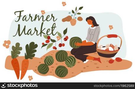Ecological food and natural products on farmer market, woman gathering harvest. Watermelons and carrots, potato and tomatoes. Grocery and vegetables, healthy veggies nutrition. Vector in flat style. Farmer market, woman growing fresh vegetables