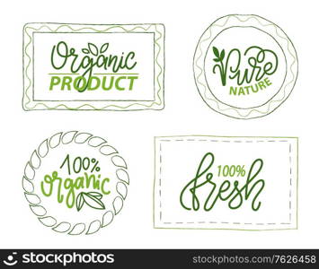 Ecological food vector, fresh ingredients 100 percent organic elements emblems with foliage and green floral decor. Logotypes vegetal logo set flat style. Natural Food and Fresh Ingredients 100 Percent