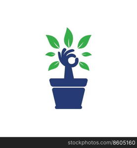 Ecological garden vector logo design. Hand tree with flower pot icon design.	