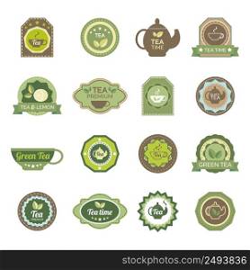 Ecological green and fermented black tea lemon flavor teabags premium brands labels set abstract isolated vector illustration. Green tea labels icons set
