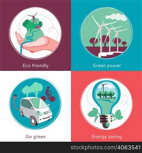 Ecological green energy producing and recycling concept 4 flat icons square composition banner abstract isolated vector illustration . Ecology Concept 4 Flat Icons Banner