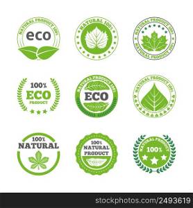 Ecological green leaves symbols earth friendly organic quality bio products round labels collection abstract isolated vector illustration