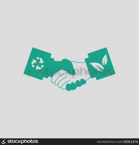 Ecological handshakes icon. Gray background with green. Vector illustration.