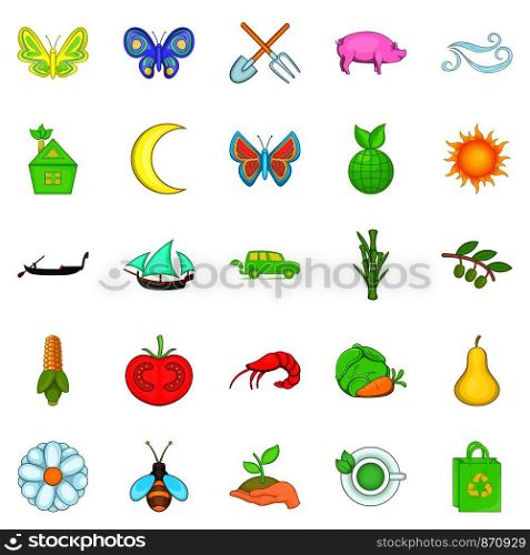 Ecological icons set. Cartoon set of 25 ecological vector icons for web isolated on white background. Ecological icons set, cartoon style