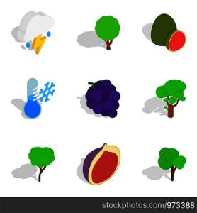 Ecological place icons set. Isometric set of 9 ecological place vector icons for web isolated on white background. Ecological place icons set, isometric style