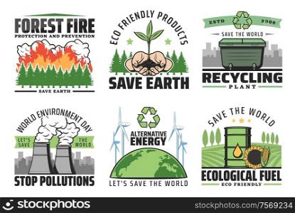 Ecological problems, environment and save earth vector icons. Forest protection and fire prevention, friendly products, recycling plants, environment day, stop pollution, alternative energy sources. Protect and save earth, enironment icons