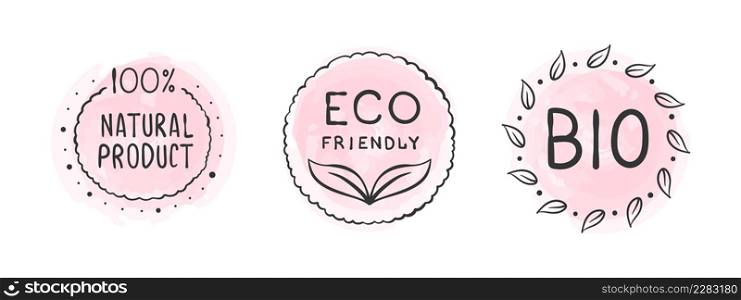 Ecological product badges. Icons of natural food. Organic elements sign for food market. Vector illustration
