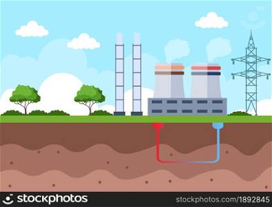 Ecological Sustainable Energy Supply Background Vector Flat Illustration Power Plant Station Buildings With Solar Panels, Gas, Geothermal, Renewable, Water and Wind Turbines