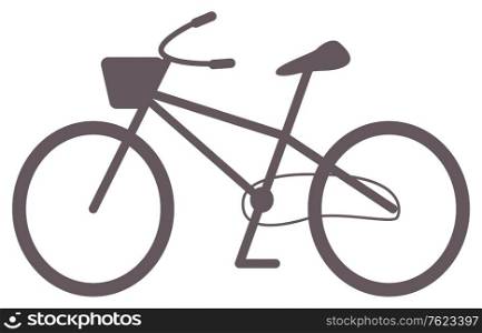 Ecological transportation vector, isolated bicycle with square shaped basket for carrying objects. Cycling lifestyle, easy travels riding and bicycling. Flat cartoon. Bicycle with Basket, Riding and Cycling Transport