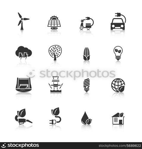 Ecologically clean planet and energy saving solutions black icons set with dam windmill abstract isolated vector illustration