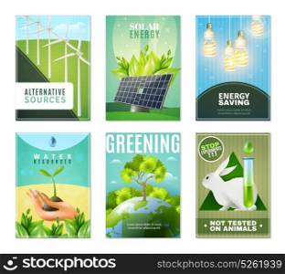 Ecology 6 Mini Banners Collection . Alternative green energy sources environment protection and ban tests on animals 6 mini ecological banners isolated vector illustration