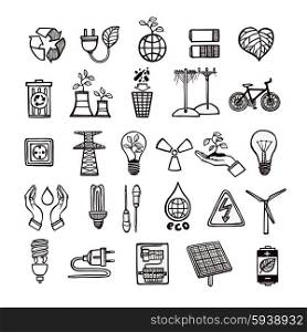 Ecology And Energy Icon Set . Renewable energy sources and ecology symbols with tools and electricity devices outline icon set isolated vector illustration