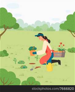 Ecology and environment, girl planting flowers in park vector. Plant sprout growing and cultivation, woman and ground work gardener and gardening tools. Girl Planting Flowers in Park with Gardening Tools